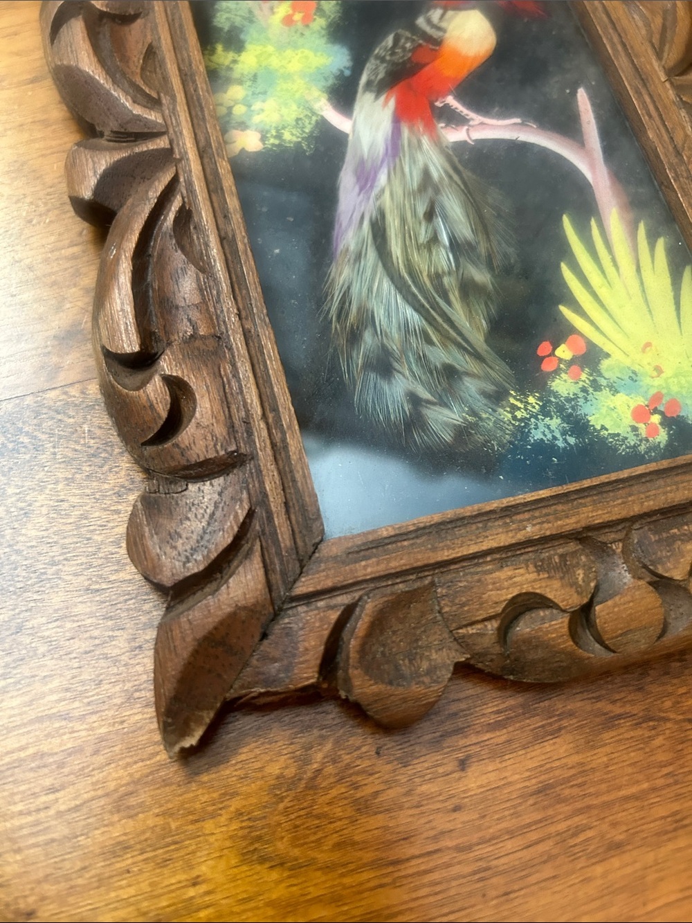 Vintage Hand Crafted Asian Feather Bird Wall Art - Small Mixed Media Painting - Picture 3 of 5